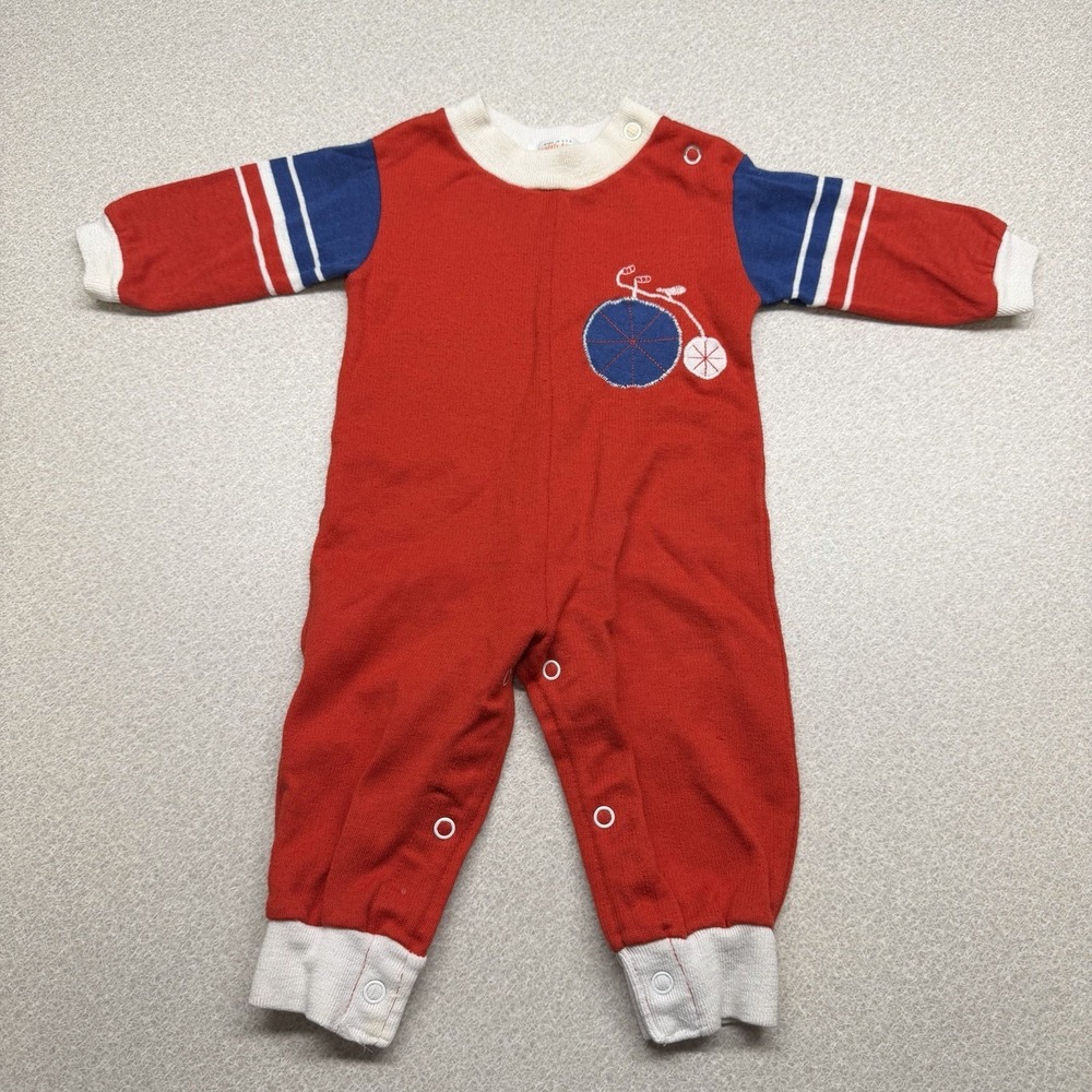 Vtg Health Tex Embroidered Bicycle One Piece Red Snaps Baby Sz 6 mo Retro